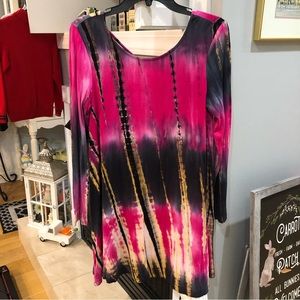 NEW Long Sleeve Pink Black Tie Dye Boho Tunic Piko Dress